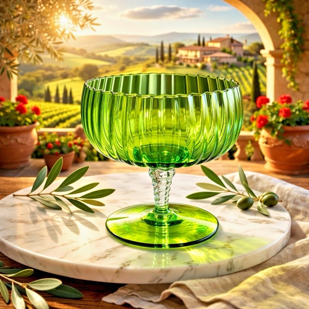 Vintage Empoli Green Ribbed Glass Pedestal Compote Bowl‎ Scalloped Rim